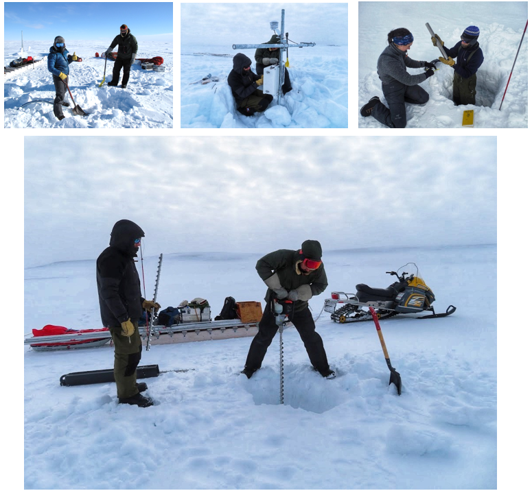 Quatre photos de deux glaciologues forant des trous dans la neige et installant une petite station météorologique automatisée.